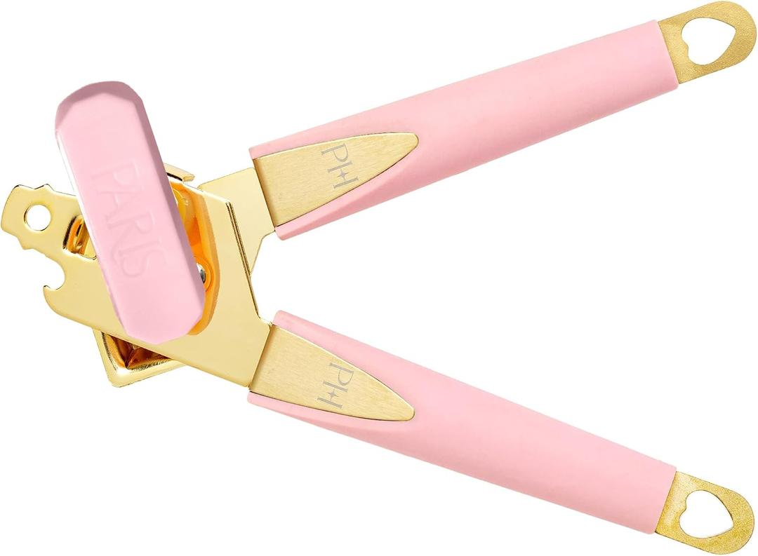 Paris Hilton Can Opener with Built-In Bottle Opener, Easy-Turn Knob & Soft-Grip Handles for Iconic Kitchen Convenience, Pink and Gold