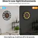 24'' Silent Wall Clock with Night Light, Glow in The Dark Decorative Wall Clock Battery Operated, Rustic Modern Metal & Wood Clocks for Bedroom Living Room Decor, Arabic Numerals