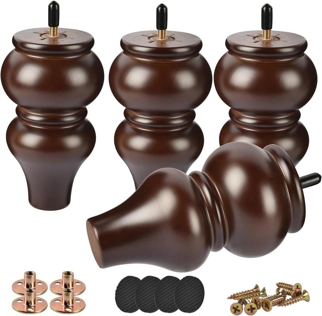 6 Inch / 15cm Solid Wood Furniture Legs, 4Pcs Couch Legs Wooden Bun Feet Sofa Feet with Threaded M8 Hanger Bolts &Mounting Plate &Screws for Sofa Cabinet Ottoman Armchair (Walnut