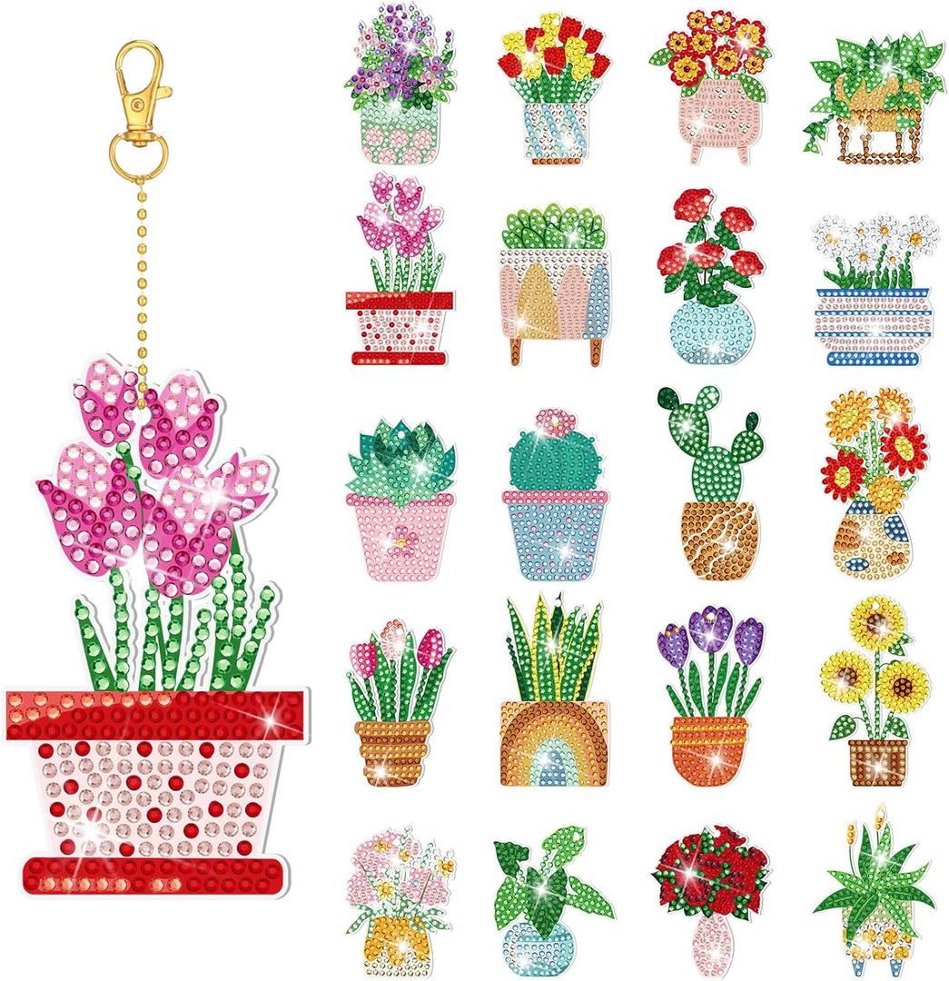 Misdary 20 Pcs Potted Flowers Diamond Art Keychains Double Side Diamond Painting Keychains Kit Flowers Ornaments for Home DIY Crafts Party Decor