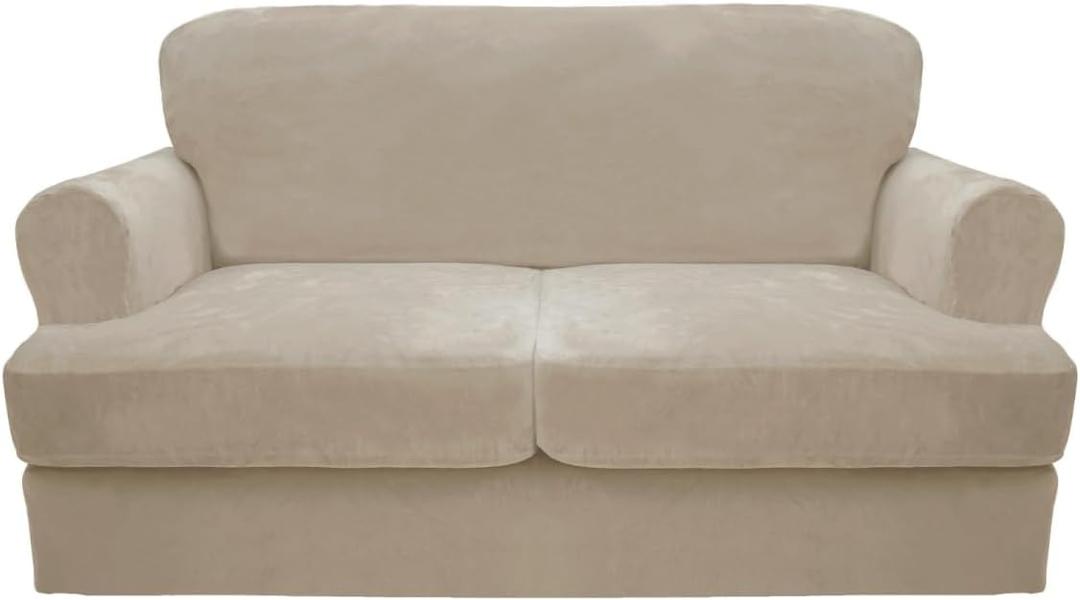 CUCRAF Cushion Sofa Cover 3 Piece Slipcovers, Soft Thick Velvet Couch Cover for Living Room, Washable High Stretch Furniture Protector with 2 Cushion Sofas Slipcover, (Large, Ivory)
