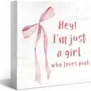 JXREQ Coquette Pink Bow Room Decor Wall Decor for Home Office Bathroom Desk Tabletop, Preppy Pink Bow Wooden Box Sign for Teen Girls Dorm Bedroom, I'm Just A Girl Gifts, 5x5 Inch 2 PACK