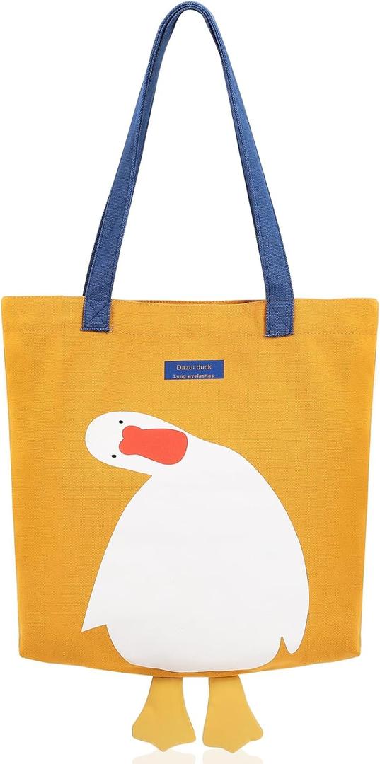 Cute Canvas Tote Bag for Women Reusable Cotton Cloth Bag for Lunch Grocery Shopping and Beach with 3D Duck Design (Shoulder Carry, Yellow Duck)