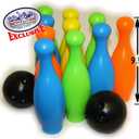 Matty's Toy Stop 10 Pin Multi-Color Deluxe Plastic Bowling Set for Kids with Storage Rack - 12 Pieces Total (10 Pins & 2 Bowling Balls)