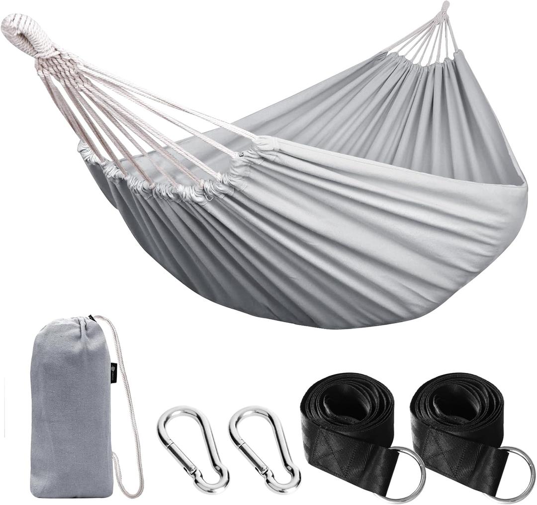 ANYOO Cotton Hammock Portable Camping Hammocks for Hanging Sturdy Garden Comfortable Fabric Hammock with Tree Straps Up to 660lbs with Travel Bag for Camping Outdoor/Indoor Patio Backyard (Grey)