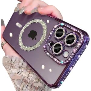 Magnetic Glitter Diamond for iPhone 14 Plus Case[Compatible with MagSafe] Sparkle Rhinestone Camera Lens Protector Plated,Crtstal Clear Slim Military Drop Shockproof Cover for Women,Purple