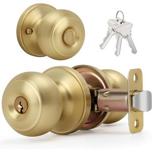 Brushed Gold Flat Ball Door Knob with Keys and Lock, Keyed Entry Round Design Doorknob for Front/Entrance Doors, Satin Brass Finish (1 Pack)