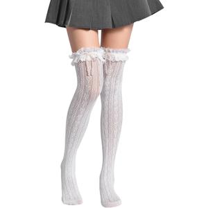 GORGLITTER Women's Lace Socks Knee High Fishnet Mesh Sexy Stockings With Faux Pearls (One Size)