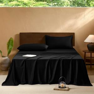 EVERLY Queen Sheets Set, Luxuriously 400 Thread Count Organic Viscose Derived from Bamboo Bed Sheet, Cooling Sheets for Queen Size 4 Piece Deep Pockets Bedding Sheets &Pillowcases-Black