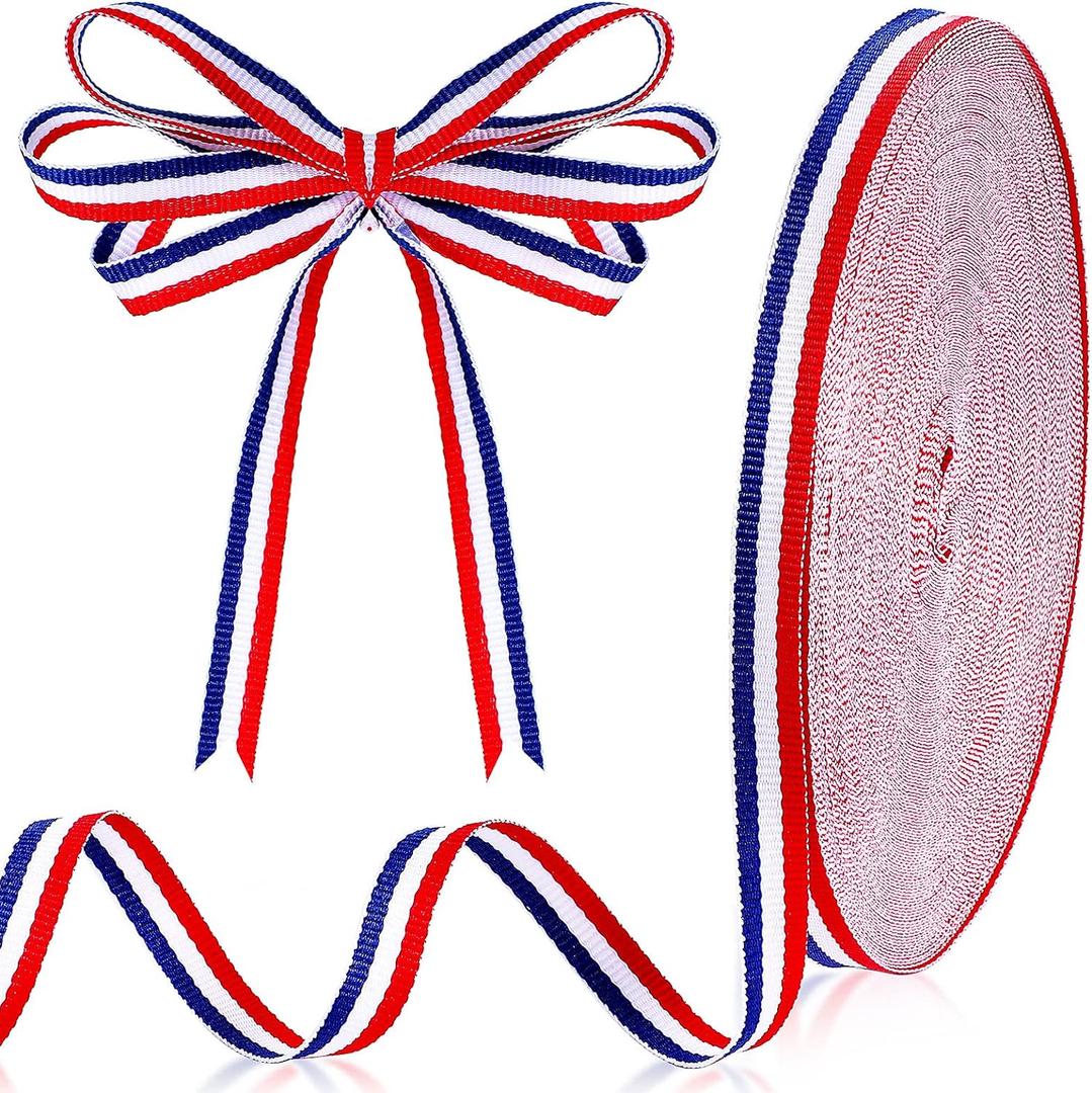Red White Blue Striped Grosgrain Ribbon Use for Memorial Day Gift Wrapping, Party Decoration, DIY Crafting and Sewing (3/8 Inch x 50 Yard, Red, White, Blue)