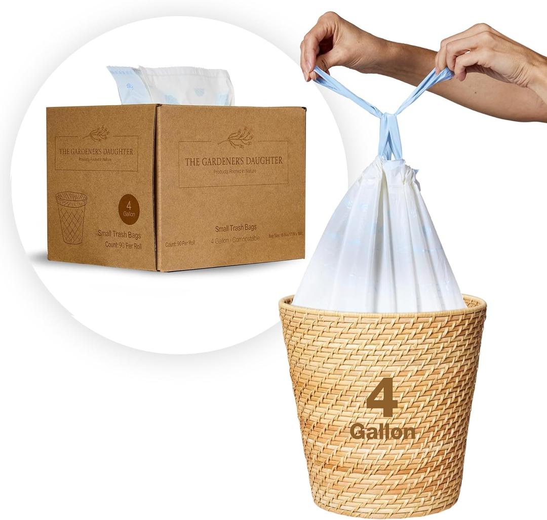 The Gardener's Daughter Compostable 4 Gallon Trash Bags  Small Drawstring Garbage Bags for Bathroom, Office, Bedroom - Leak-Proof, Durable  Fits Small Wastebaskets  90 Count