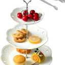 Cupcake Stand- Jusalpha 3-Tier White Porcelain Cake Stand Dessert Stand-Cupcake Stand-Tea Party Serving Platter, Comes in a Gift Box- Free Sugar Tong (10", Silver)