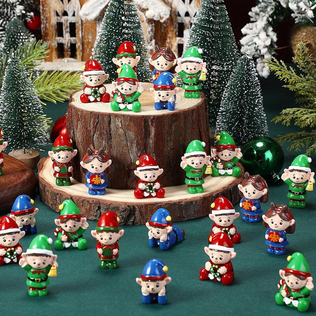 Wesiti 48 Pcs Mini Resin Christmas Elf Figurines Miniature Cute Christmas Elves Statues Bulk Tiny Resin Xmas Ornament to Hide Stocking Stuffer Gift for Kids DIY Craft Table Garden Holiday Party Decor