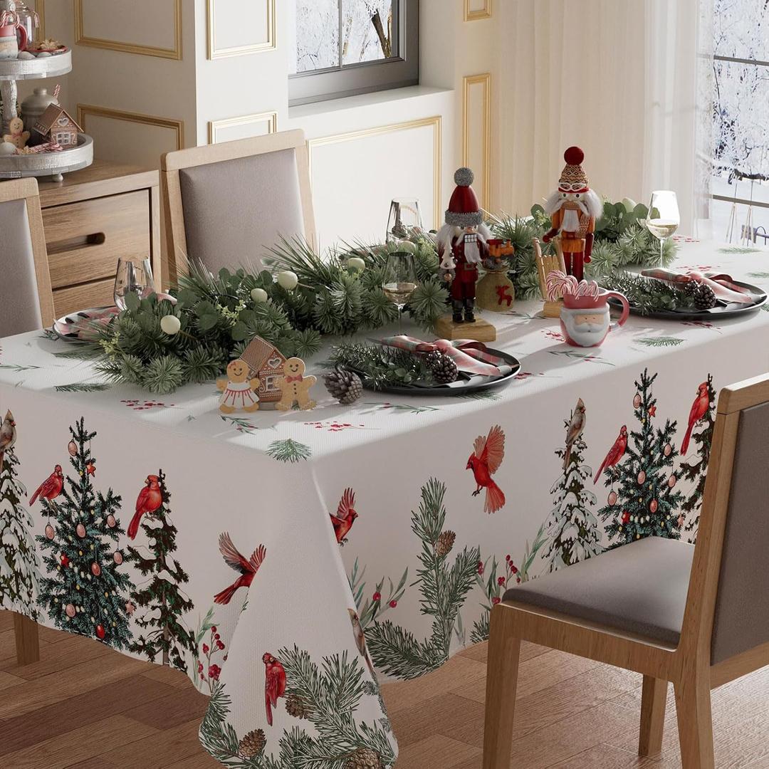 XCHI Cardinal Birds Winter Pine Tree Tablecloth Rectangle Christmas Table Cloth Washable Table Covers for Indoor Dining Home Party Xmas Decorations 60x84 Inch