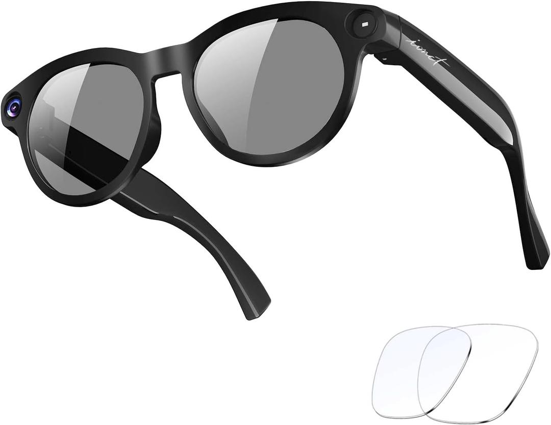 AI Smart Glasses with Camera, 8MP HD Bluetooth Camera Glasses,1080P Video Recording, Real-Time Translation Sunglasses, AI Assistant, Object Recognition, Open-Ear Music for Travel, Meetings, Vlog, Cool Black 