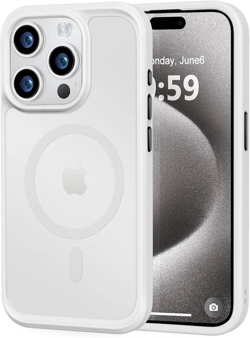 MOCCA Strong Magnetic for iPhone 15 Pro Case, [Compatible with Magsafe][13FT Military Drop Protection] Slim Translucent Matte Shockproof Case for iPhone 15 Pro Phone Case 6.1'', Frosted White