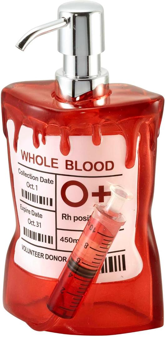 Avanti Linens Soap Dispenser, Decorative Lotion Pump for Bathroom or Kitchen Countertop, Hand Painted Resin Halloween Decor (Blood Bag)