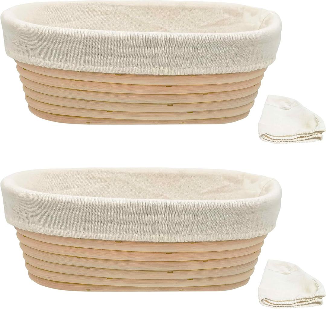 Banneton Bread Proofing Basket set of 2, 9.8 Inch Oval Sourdough Proofing Baskets with Liner, Dough Proofing Bowls, Made of Natural Rattan,for Sourdough Bread Baking Supplies