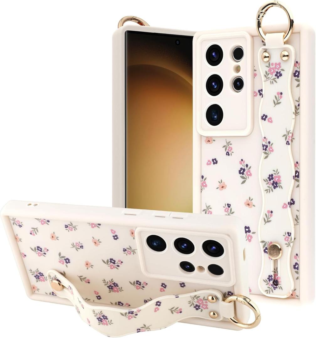 OOK Compatible with Samsung Galaxy S23 Ultra Case with Wrist Strap, Cute White Floral Flower TPU Shockproof Protection Slim Cover with Camera Protection for Women Girls, for 6.8inch