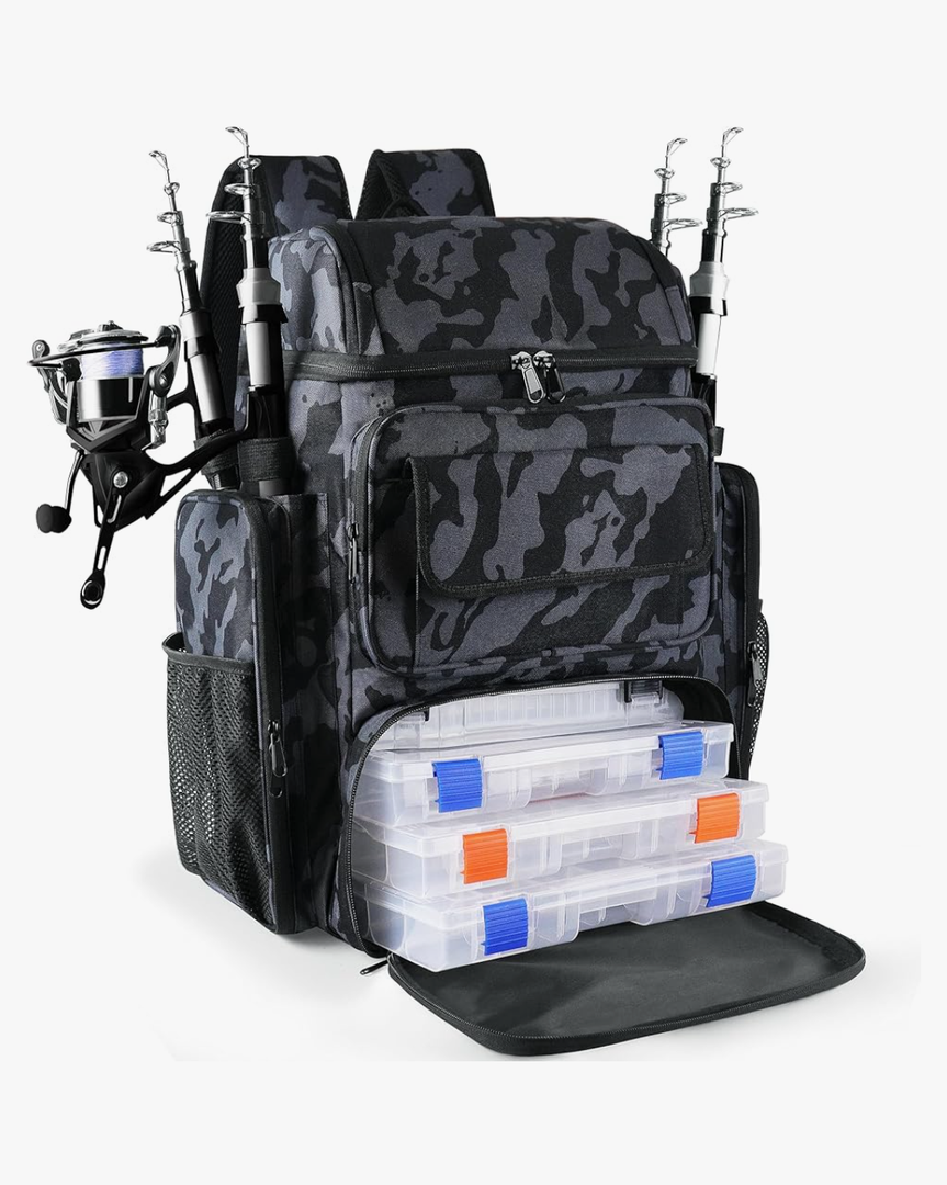 Fishing Tackle Backpack With Rod Holders, 45L Large Tackle Bag & Fishing Tackle Backpack for Fishing, Camping, Hiking, Camouflage