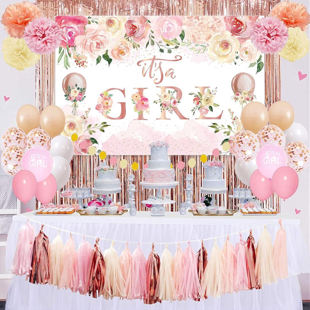 Baby Shower Decorations for Girl, Floral Theme Girl Baby Shower Balloons, It Is A Girl Backdrop Sign for Gender Reveal Party Supplies
