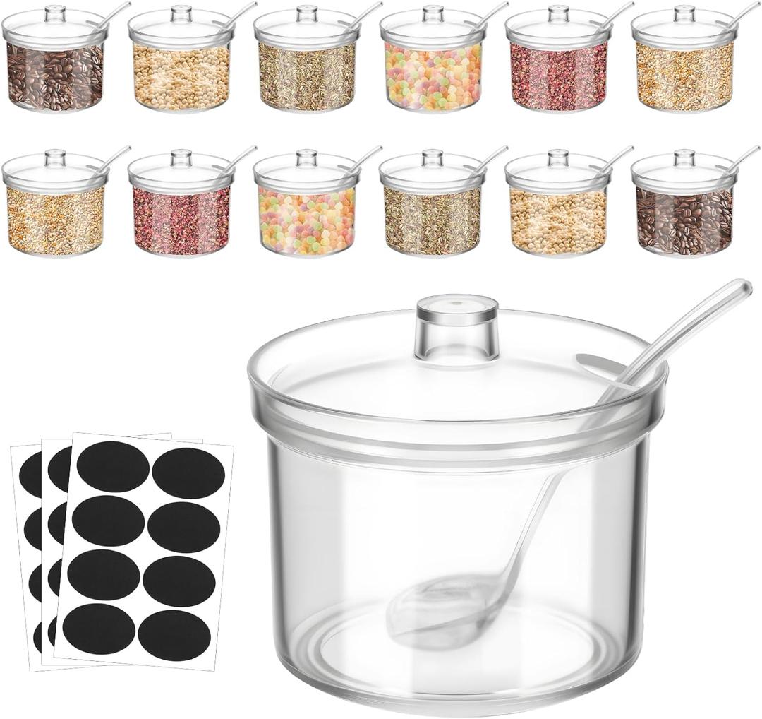 12 Pieces 7.1 oz Acrylic Sugar Containers With Label, Clear Sugar Bowl with Lid and Spoon, Toppings Containers for Salt, Tea, Spices, Coffee and Condiments