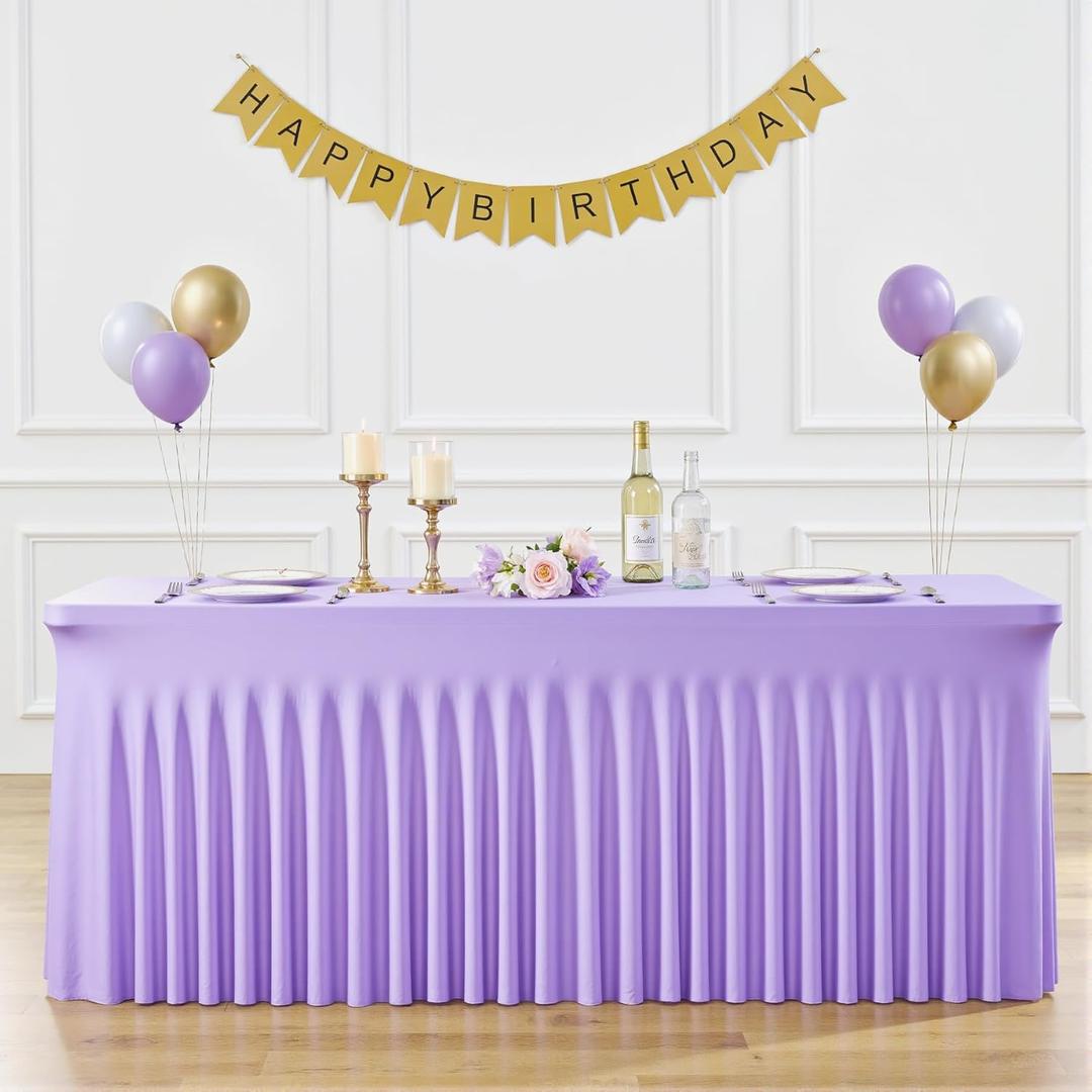 6ft Lavender Spandex Table Cloths for Rectangle Tables Wrinkle Free Light Purple Tablecloth Rectangle Stretch Fitted Lilac Table Cover with Skirt for Birthday Party Wedding Banquet Baby Shower Buffet (72" x 30" (6FT - 1 Pack))