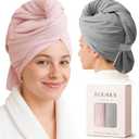 2 Pack Microfiber Hair Towel Wrap for Women, 32" x 11" Waffle Weave Hair Plopping Towel for Curly, Long & Thick Hair, Anti-Frizz Hair Turbans for Wet Hair (Pink, Grey)