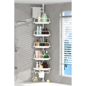 Rust Proof Corner Shower Caddy Tension Pole Adjustable Height (32-118 inch), 5 Tier Shelf Bathtub Organizers and Storage  Includes Towel Rack, Tooth Brush Holder and Suction Cup. (White)