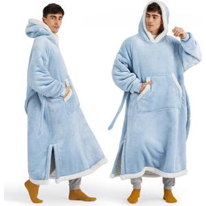 Bedsure Wearable Blanket Hoodie, Long Hooded Blanket Sweatshirt as Christmas Birthday Gifts for Men, Cozy Sherpa Hoodie for Adult, Oversize, Sky Blue