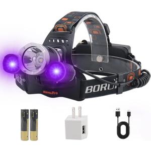 BORUIT RJ-3000 LED Black Light Headlamp,3 Modes White and UV Light Headlamp,Super Bright Rechargeable Blacklight Headlight Head Lamp for Hunting Camping Hiking Fishing Working