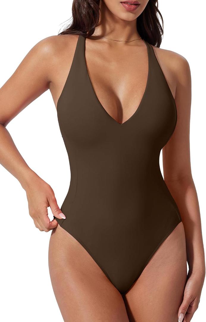 SUUKSESS Women Sexy Low Back One Piece Swimsuit Slimming Tummy Control Bathing Suit, XL