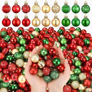 Shappy 216 Pcs Mini Christmas Ball Ornament 1.18 Inch Small Christmas Tree Decorations 6 Styles Shatterproof Xmas Ball with Hanging Loop for Holiday Party Wreath Xmas Tree(Red, Green, Gold)