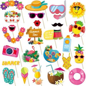 JOJO FLY 25 Pcs Summer Pool Beach Photo Booth Props, Hawaiian Luau Birthday Party Supplies, Tropical Aloha Party Decorations