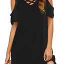 Bluetime Women Cold Shoulder Summer Dress Short Sleeve Beach Casual Loose Swing Dress (Black, XXL)
