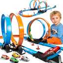 LILYBUDS Toy Car Track Gift Set for Boys Kids Age 3-5 4-7 8-12, Long Race Tracks with 4 Action Loops and 4 High-Speed Slot Die-Cast Race Cars, 35+ Pieces Race Tracks to Create Multiple Configurations