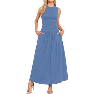AUSELILY Womens Maxi Dress 2025 Summer Sleeveless Casual Slim Flowy Pleated Long Dresses with Pockets (Blue, L)