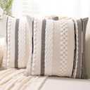 Boho Throw Pillow Covers 18x18 Set of 2 Farmhouse Decorative Cushion Case Striped Square Pillows Cover Chenille Pillow Cases Accent Neutral Pillowcase for Sofa Couch Bed,White