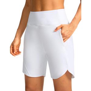 Soothfeel Women's 7" Athletic Running Long Shorts with Pockets High Waisted Bermuda Shorts for Women Workout Walking Casual (White, XL)
