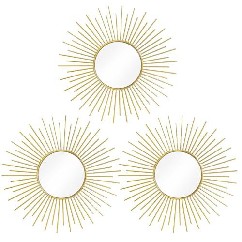 3 Pack Metal Mirrors for Wall Sunburst Wall Mirrors Home Décor Decorative Hanging Wall Art for Living Room Bedroom Entryway (Gold, Sunburst)