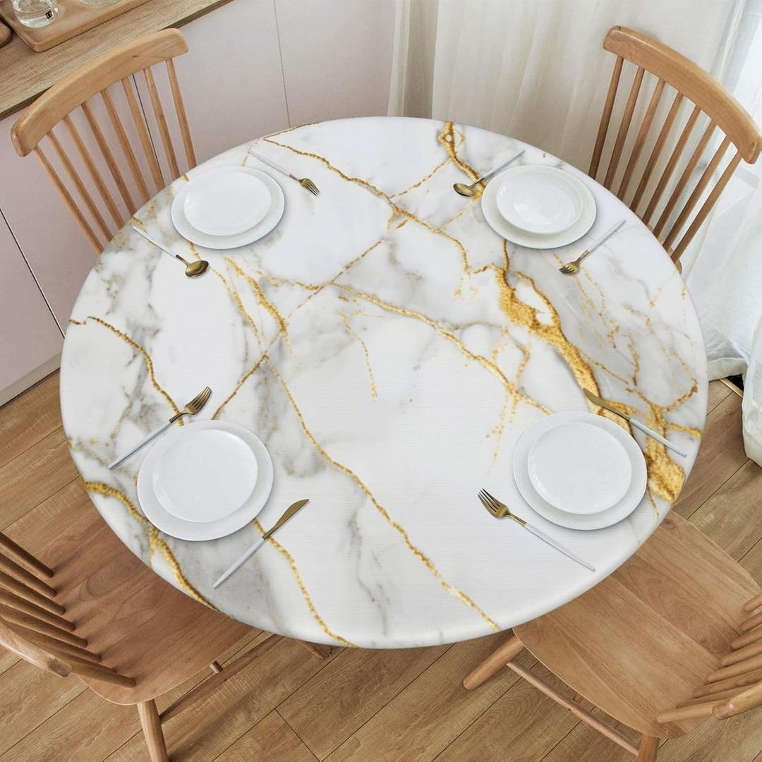 White Gold Marble Round Tablecloth Elastic Edge Design Table Cover Table Cloth Table Decor for Home Kitchen Dining Party,SmallFits 40-45 inches