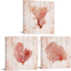 OuElegent Coral Canvas Wall Art Pink Paintings Modern Coastal Ocean Life Artwork for Living Room Bedroom Bathroom Decoration 3 Pieces Framed Wall Decor 16"x16"x3 Pcs (pink, medium)