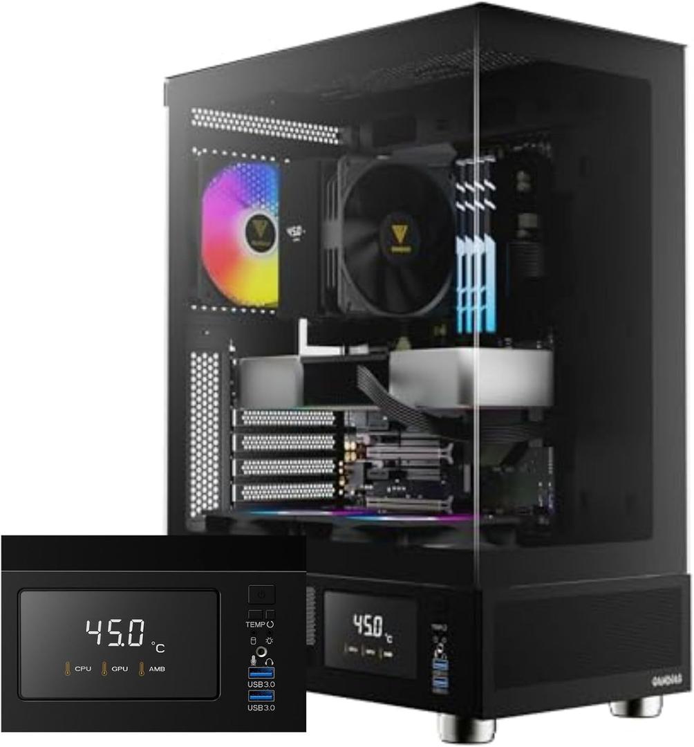 GAMDIAS ATX Mid Tower Computer Case with Tempered Glass, Gaming PC Case w/Temperature Display LCD & 3X 120mm ARGB Fans, Support Up to 5X Fans, 240mm AIO/Radiator, 340mm GPU/VGA, 160mm CPU Air Cooler
