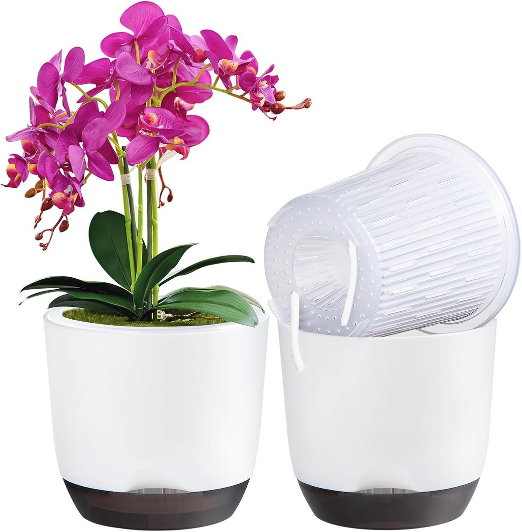 QCQHDU 2 Pack 5.7 Inch Orchid Pots with Holes for Repotting, Double-Layer and Self Watering Orchid Pot with Good Air Circulation (White & Black)