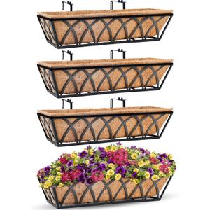 24 Inch Window Deck with Coco Liner, 24" Window Boxes Horse Trough with Coconut Coir Liner, Fence Metal Hanging Flower Planter Window Basket Deck Railing Planter Boxes for Outdoor Garden Lawn, 4pcs