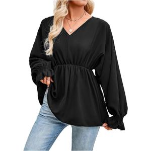 SweatyRocks Women's Bishop Long Sleeve V Neck Ruffled Chiffon Blouse Loose Babydoll Peplum Tops (S)