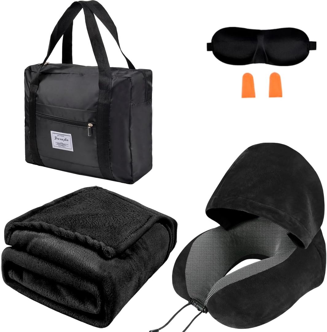 Travel Blanket Pillow Set - Travel Neck Pillow & Blanket for Airplane, Thick Fleece Plane Blanket, Hooded Memory Foam Neck Pillows, Foldable Duffel Bag, Sleep Mask, Earplugs for Plane Traveling, Black