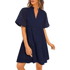 PRETTYGARDEN Eyelet Dresses for Women 2026 Summer Short Sleeve V Neck Hollow Out Ruffle A Line Boho Beach Vacation Mini Dress Large