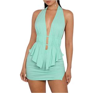 SHENHE Women's Sexy Outfits 2 Piece Y2k Backless Deep V Ruffle Halter Top Bodycon Slit Mini Skirt Set (Large, Mint Green)