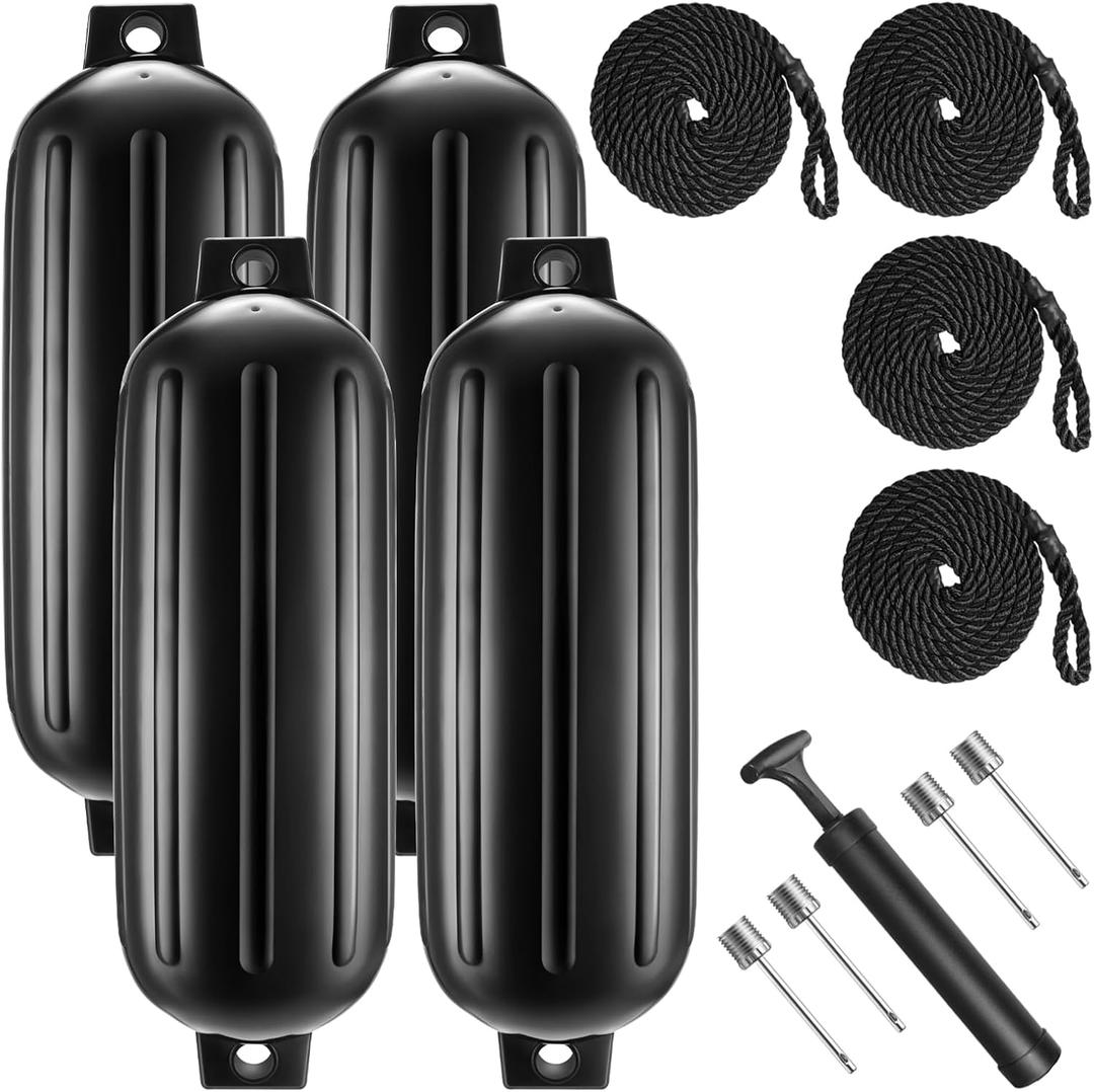 8.5 x 27 Inches Twin Eyes Ribbed Boat Fenders 4 Pack Boat Fenders Bumpers with Lines and Pump to Inflate for Docking
